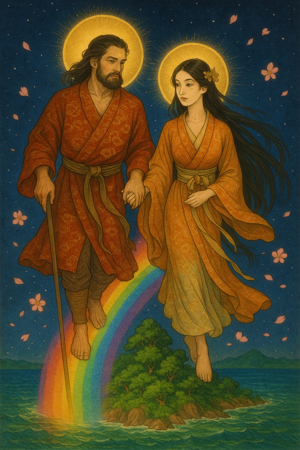 Izanagi and Izanami descended to earth on the bridge from the heavens
