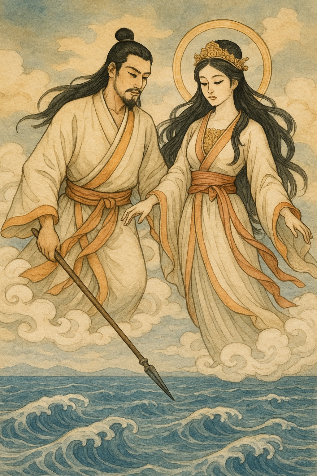 Japanese deities, handsome Izanagi and very beautiful Izanami, looking down from heaven on the watery wastes beneath them