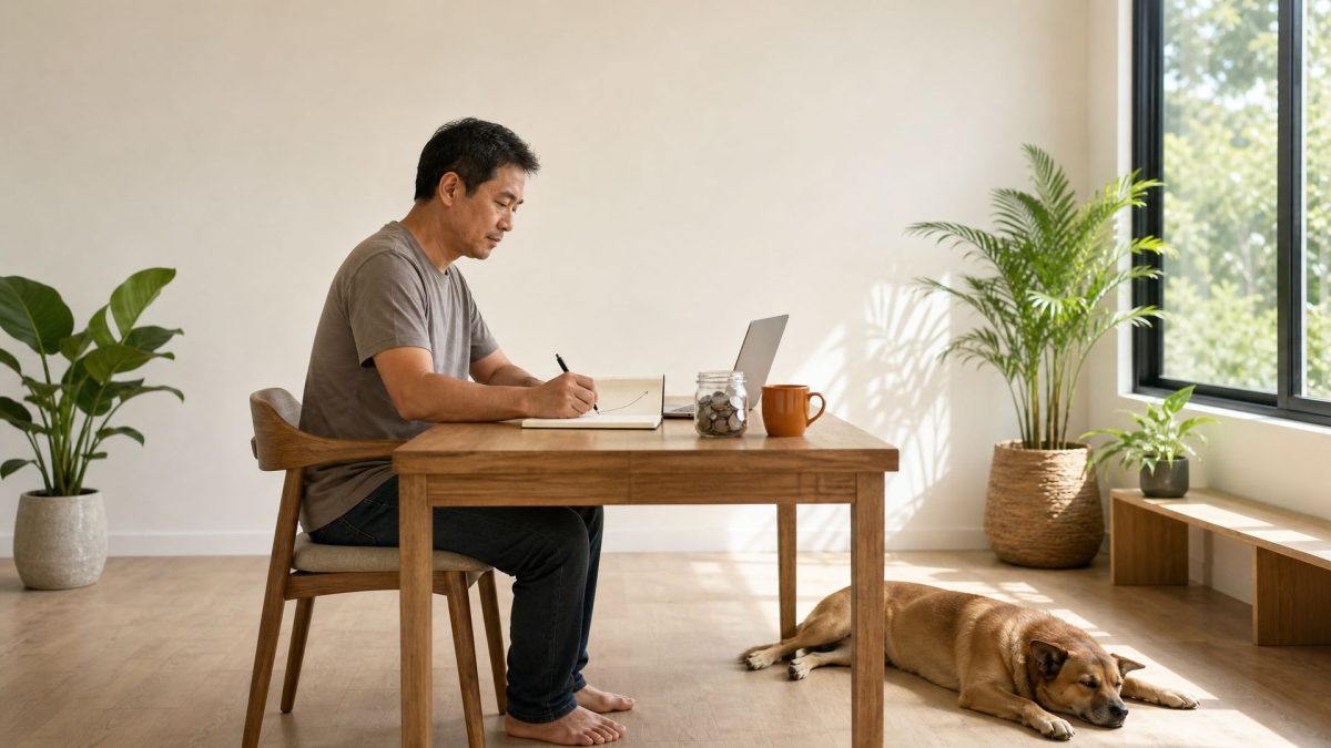 Filipino man writing savings notes at a sunlit home office desk, dog resting at his feet.