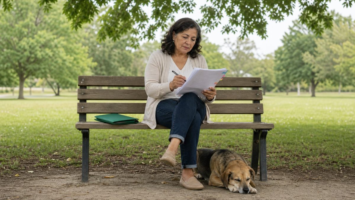 Woman in her sixties reviews printed study pages on a park bench, her dog resting nearby.