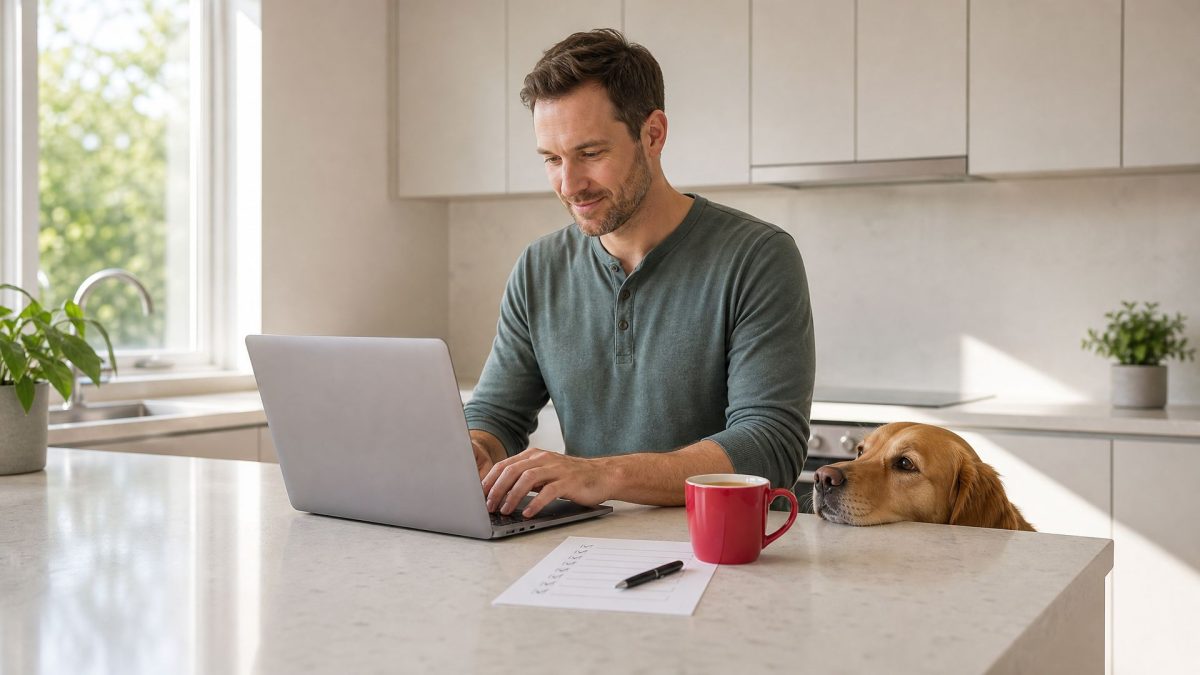 Smiling man typing on a laptop at a kitchen island while his dog rests nearby