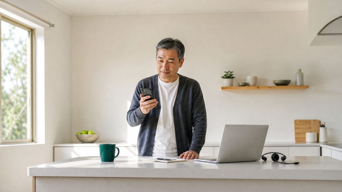 Middle-aged man checks his phone at a kitchen island beside an open laptop and headset