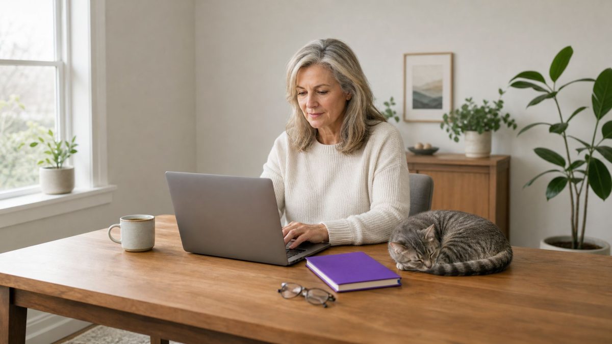 A woman in her 50s types on a laptop at a sunlit desk beside a cat