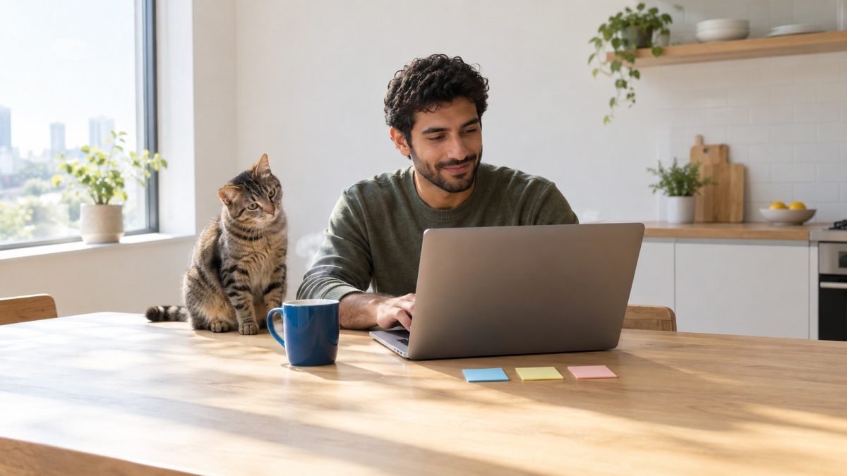 Man typing on a laptop at a kitchen table with coffee while a cat watches.