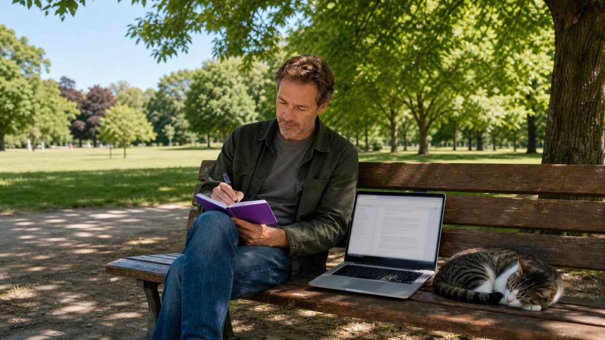 A man writes notes on a park bench beside an open laptop and a sleeping cat.