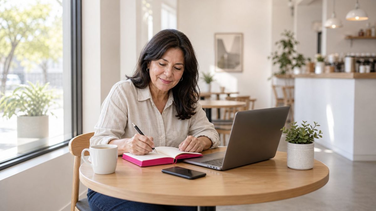A woman in her 50s writes a weekly posting plan in a notebook at a sunny cafe table.