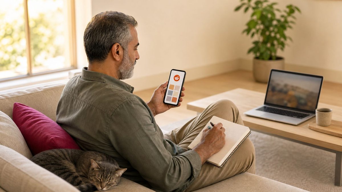 Man on a sofa checks the Reddit app on his phone beside a sleeping cat.