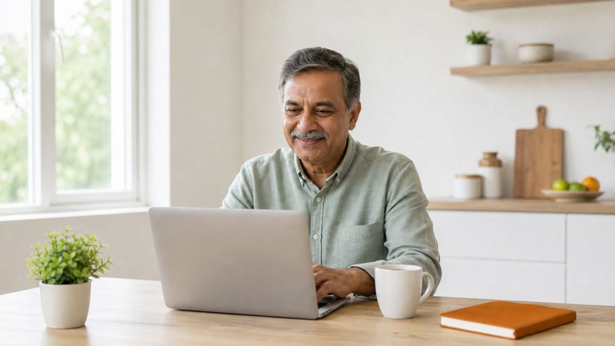 Smiling man in his sixties typing on a laptop at a sunny kitchen table with coffee