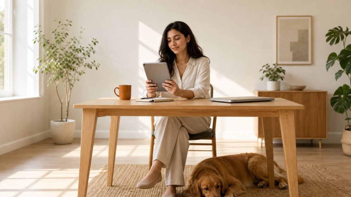 Young woman reading on a tablet at a sunlit wooden desk with her dog resting nearby.