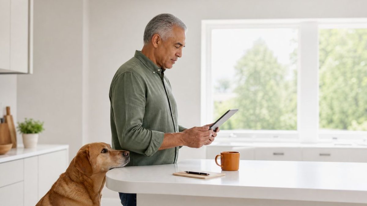 Older man reads a tablet at a kitchen island as his dog rests nearby.