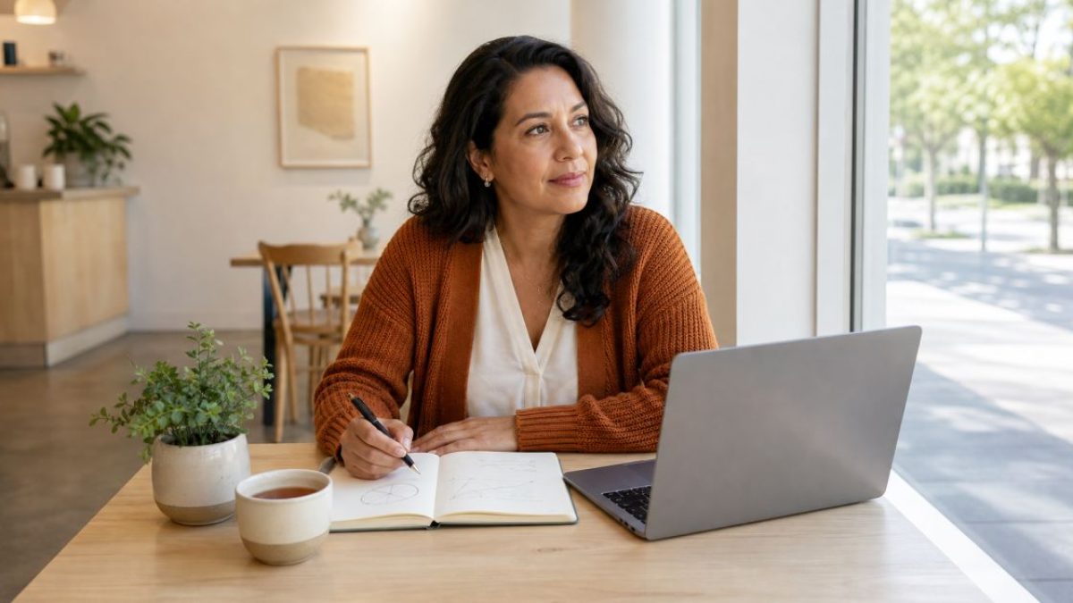 Woman in her forties at a bright cafe table, planning investments with a laptop and notebook.