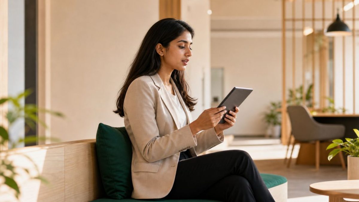 Young woman on a co-working lounge bench rehearsing interview notes on a tablet in golden light