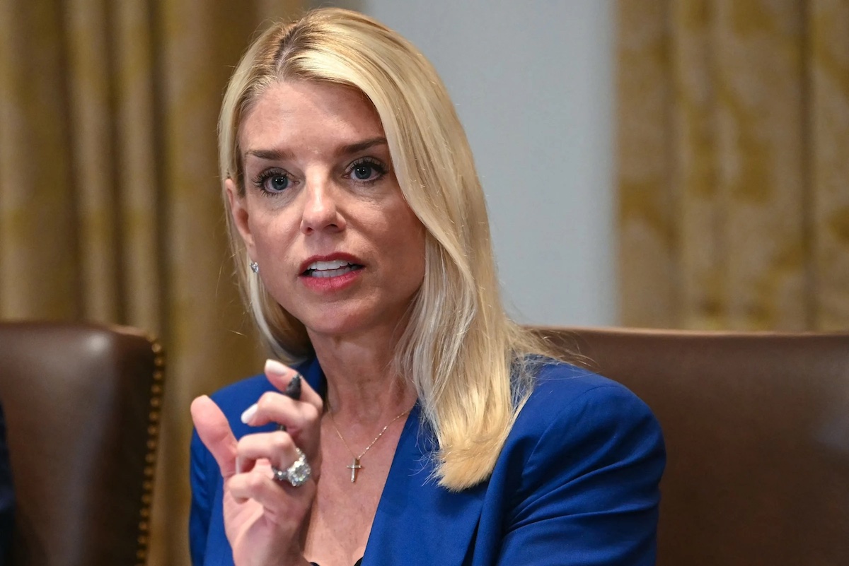 Attorney General Pam Bondi speaks during a cabinet meeting hosted by US President Donald Trump in the Cabinet Room of the White House in Washington, July 8, 2025.