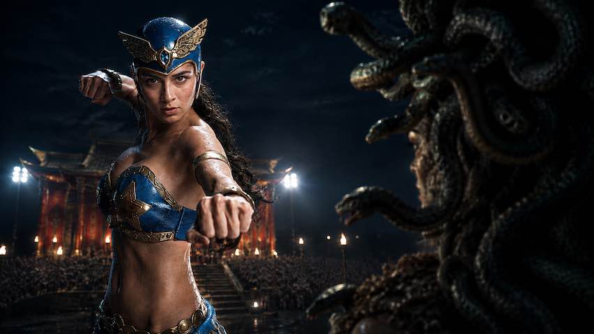 Concept art of Darna in blue armor, based on Marian Rivera