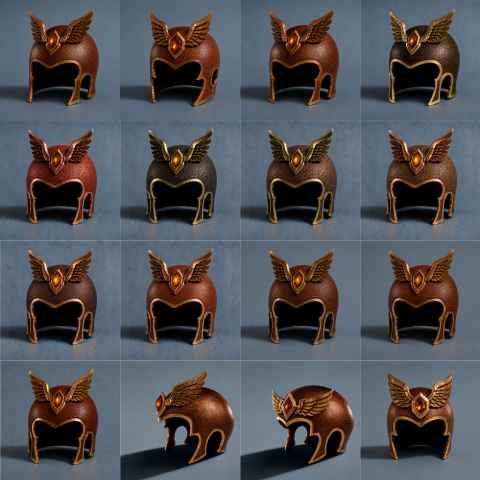 Grid of Bronze Valkyrie helmet design revisions