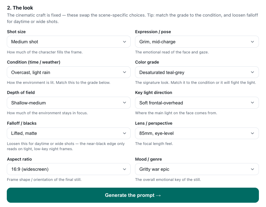 Custom cinema prompt generator workflow for color grading