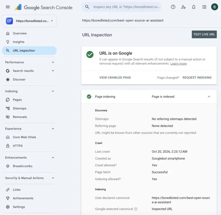 URL Inspection result in Search Console with the Page indexing section expanded
