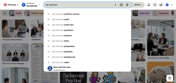 Pinterest search results for job interview with a row of guided search bubbles under the search bar